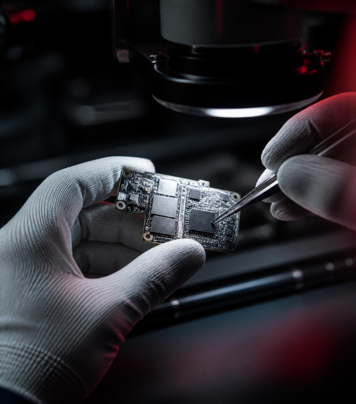 Technician handling a logic board under focused magnification light