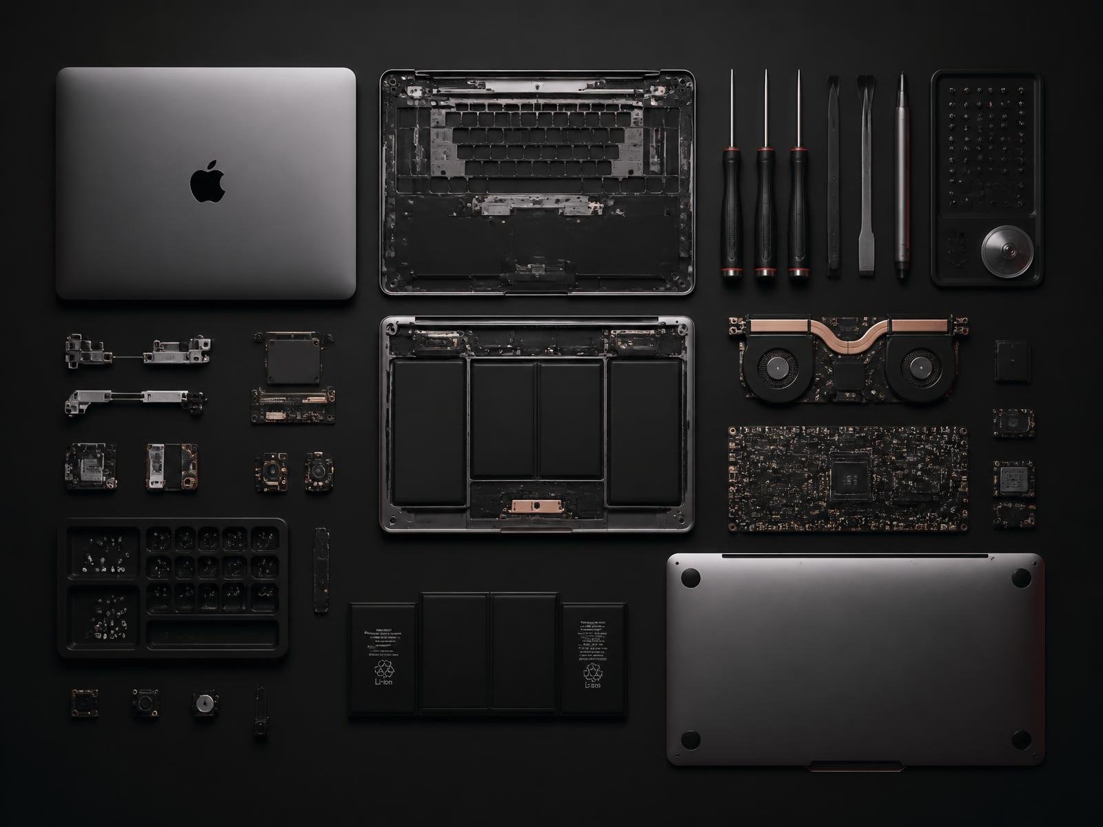 Precision disassembled MacBook Pro components on a matte black workbench