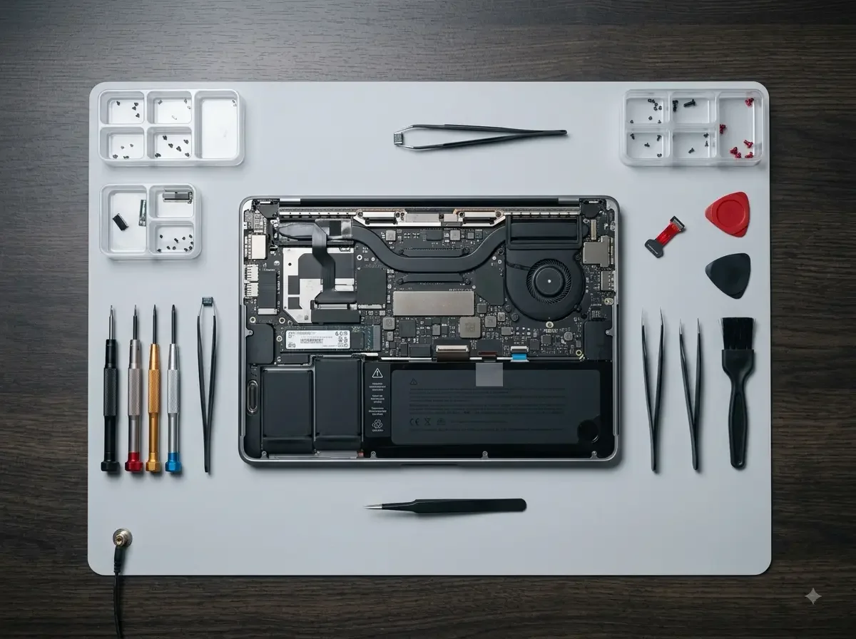 Device mid-repair, disassembled on the workbench